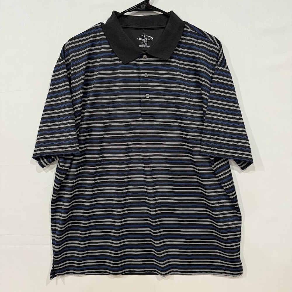 Champions Tour Polo Shirt Men's XL Black Blue‎ Striped Performance Golf